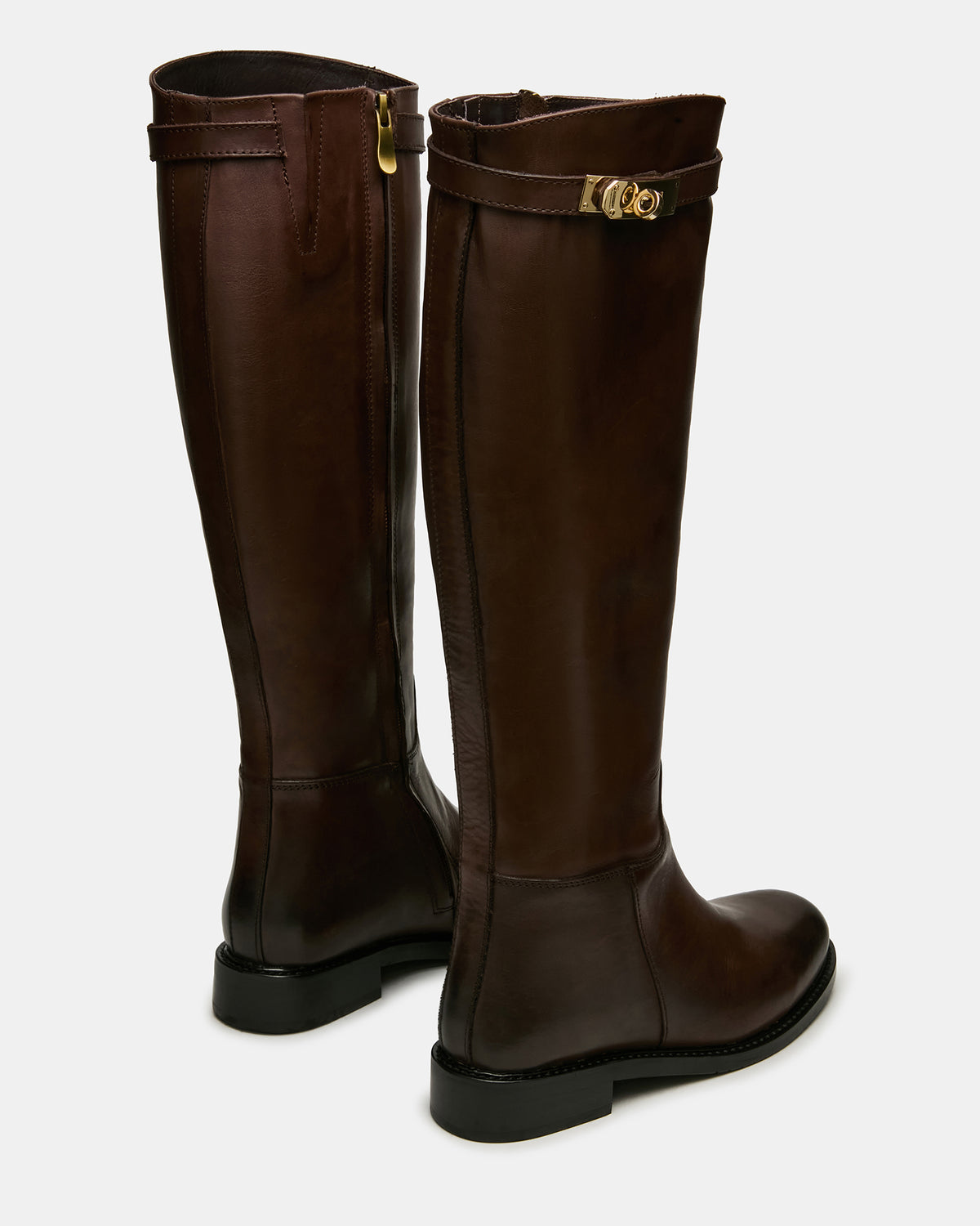 Steve Madden BEXLEY Brown Leather Knee-High Round-Toe Buckle Women's Boot