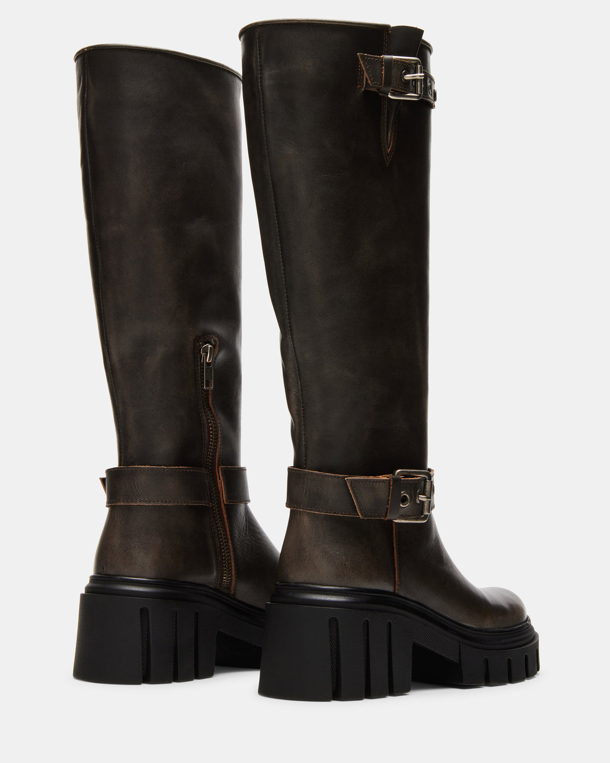 Steve Madden BRIGADE Brown Distressed Women's Knee-High Moto Lug Boot