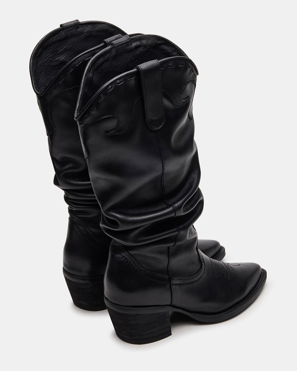 Steve Madden STAGE Black Leather Pointed-Toe Scrunched Western Women's Boot