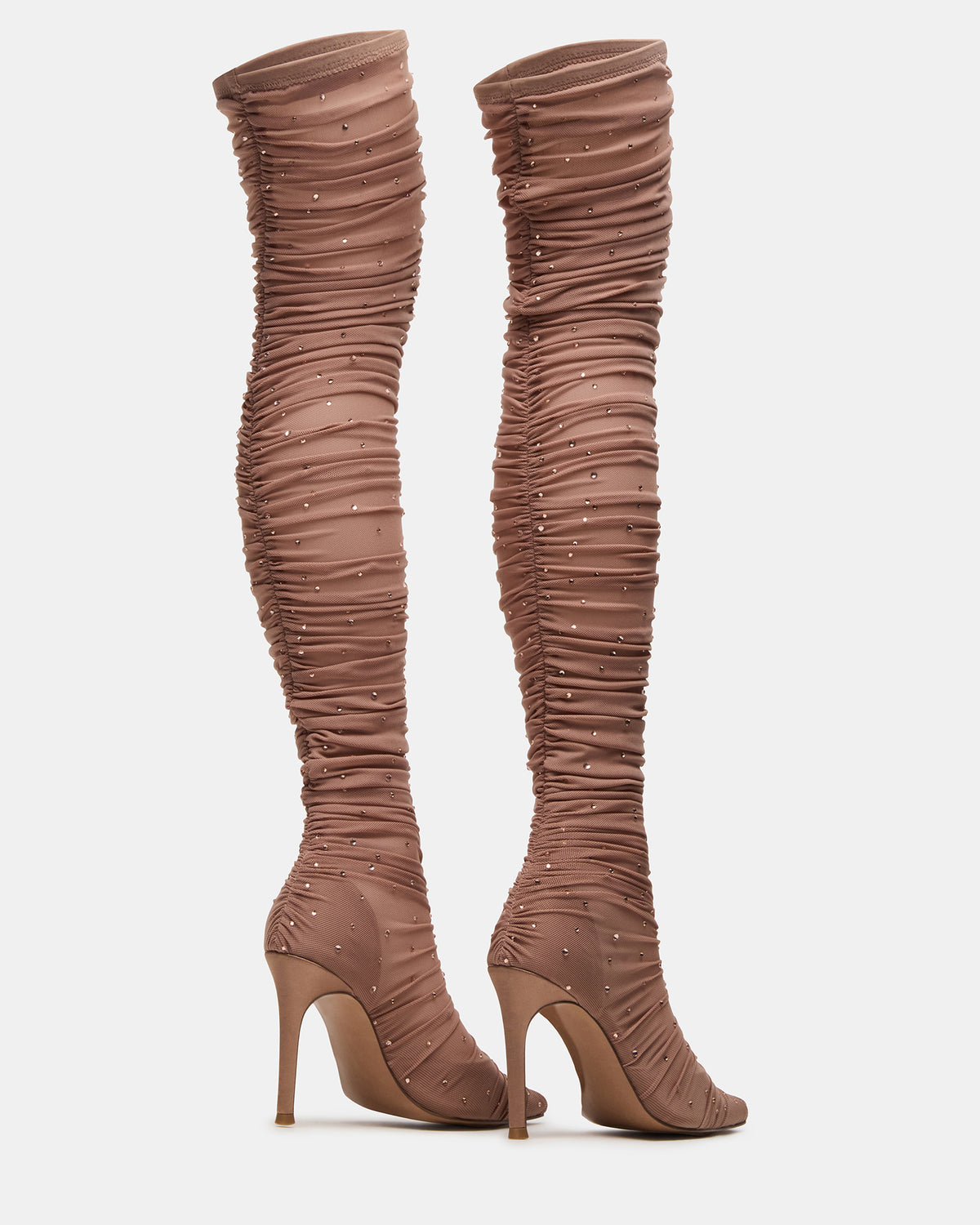 Steve Madden RASHIDA Blush Mesh Over-The-Knee Pointed-Toe Rhinestone Stiletto Heel Women's Boot