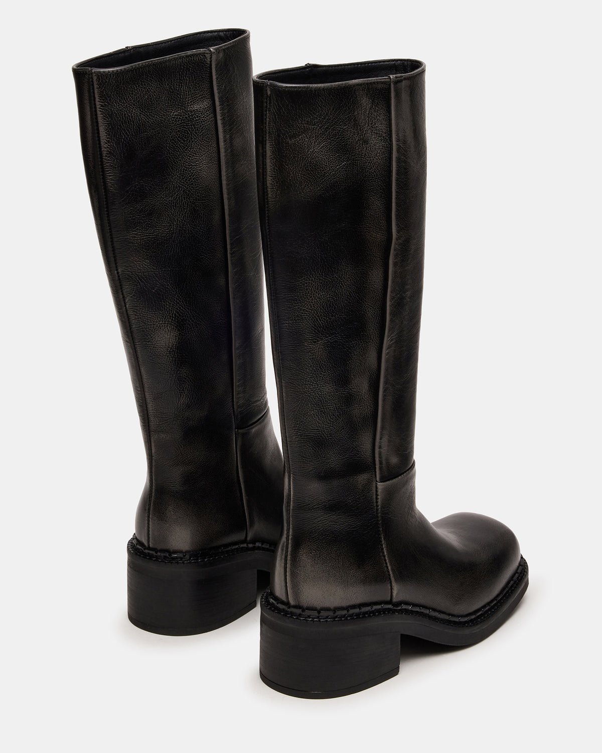 Steve Madden DAVOS Black Distressed Square-Toe Knee High Block Heel Women's Boot