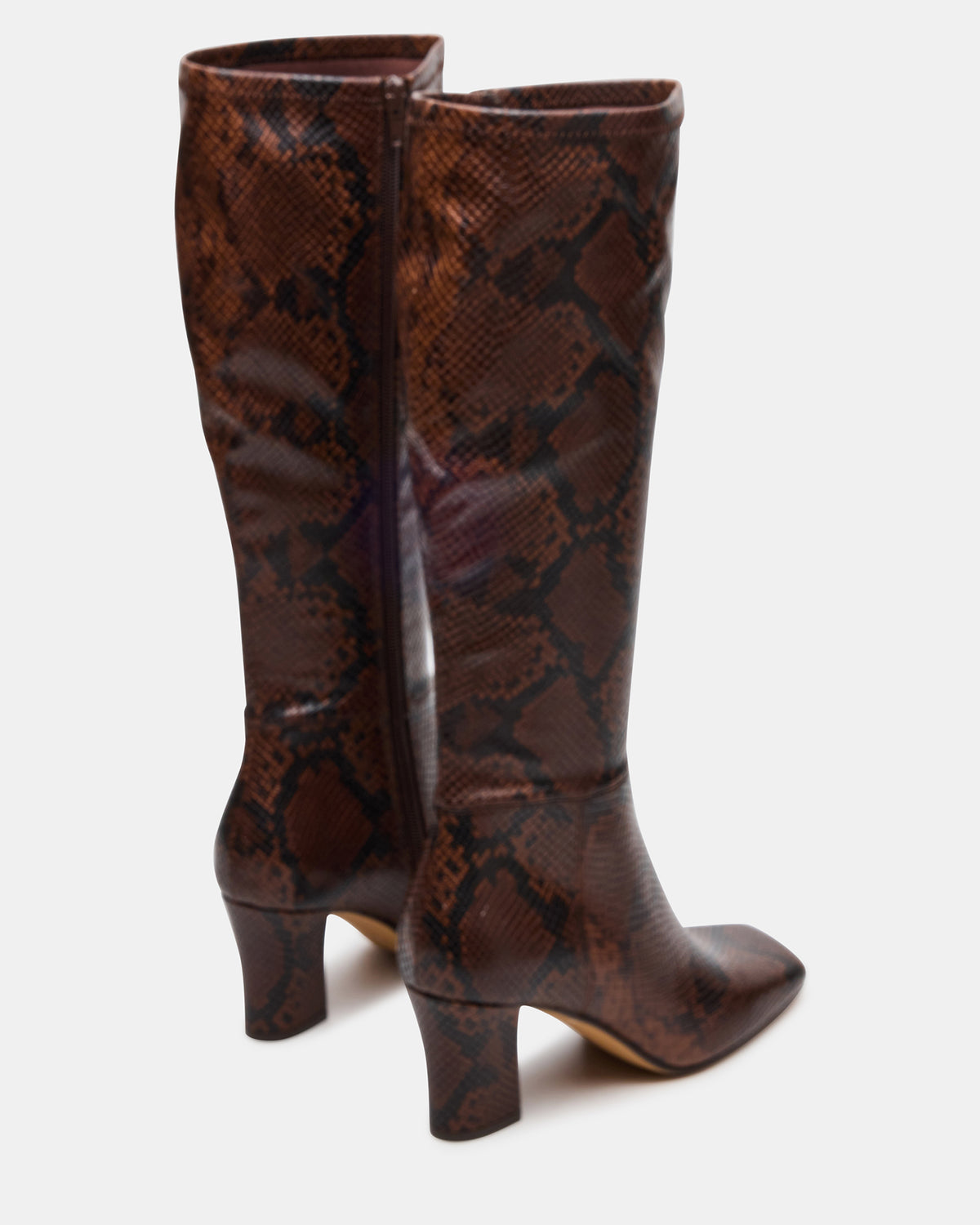 Steve Madden ELLIOT Brown Snake Square-Toe Knee-High Block Heel Women's Boot