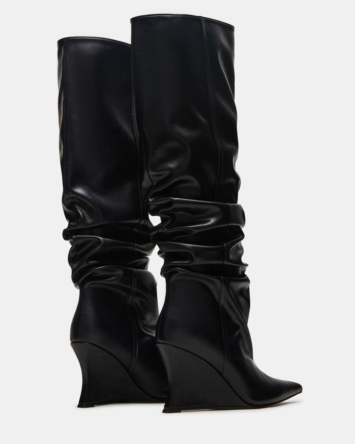 Steve Madden DISTORTION Black Pointed-Toe Scrunched Knee-High Wedge Women's Boot