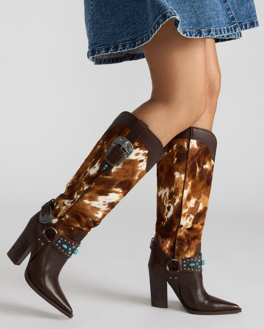 Steve Madden KOLT-H Brown Multi Pointed-Toe Knee-High Western Block Heel Women's Boot