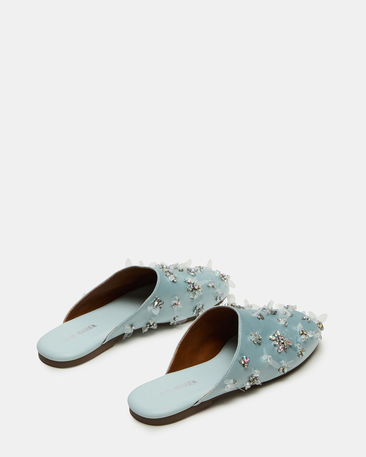 Steve Madden PEARSON Blue Satin Rhinstones Rounded-Toe Slip-On Women's Flat
