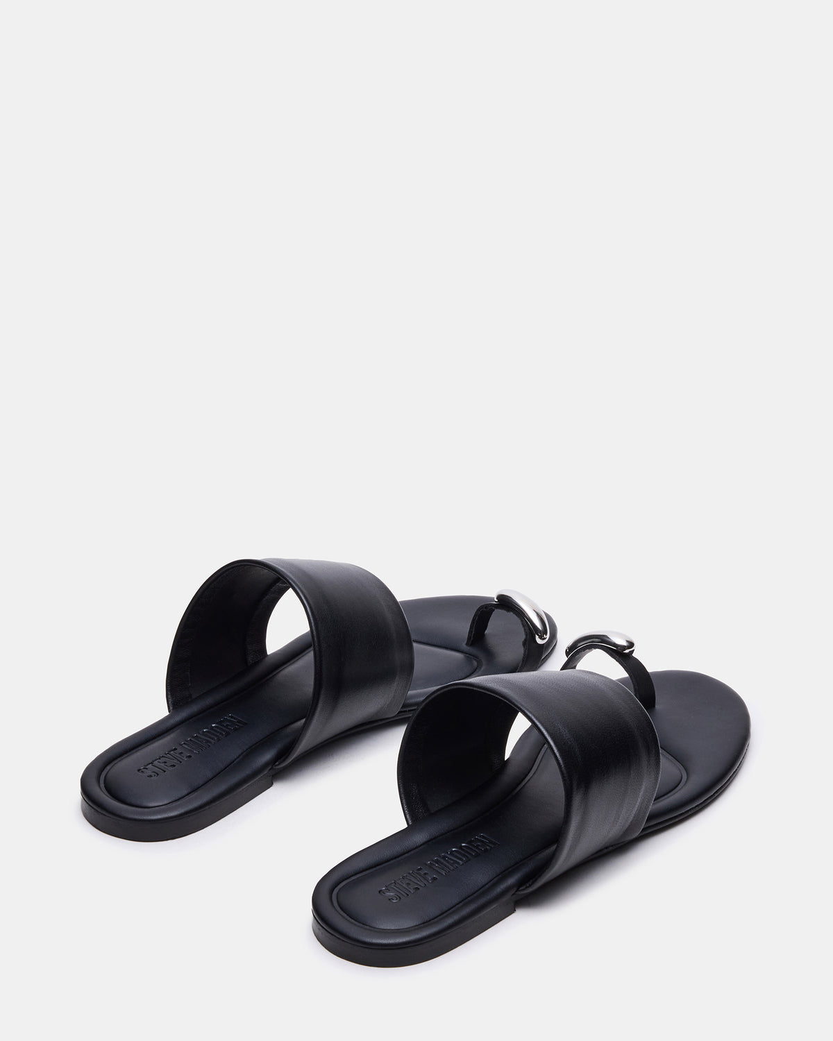 Steve Madden DECADENT Black Leather Rounded-Toe Slide Women's Sandal