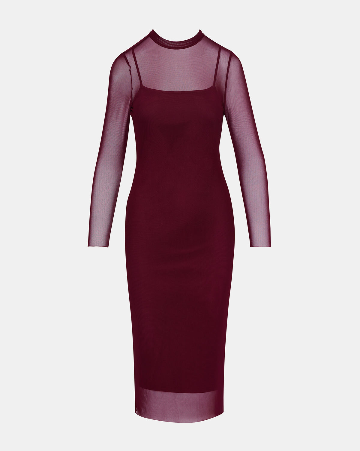 Steve Madden HAILEE Wine Long-Sleeved Mesh Pull-On Mock Neck Midi Women's Dress