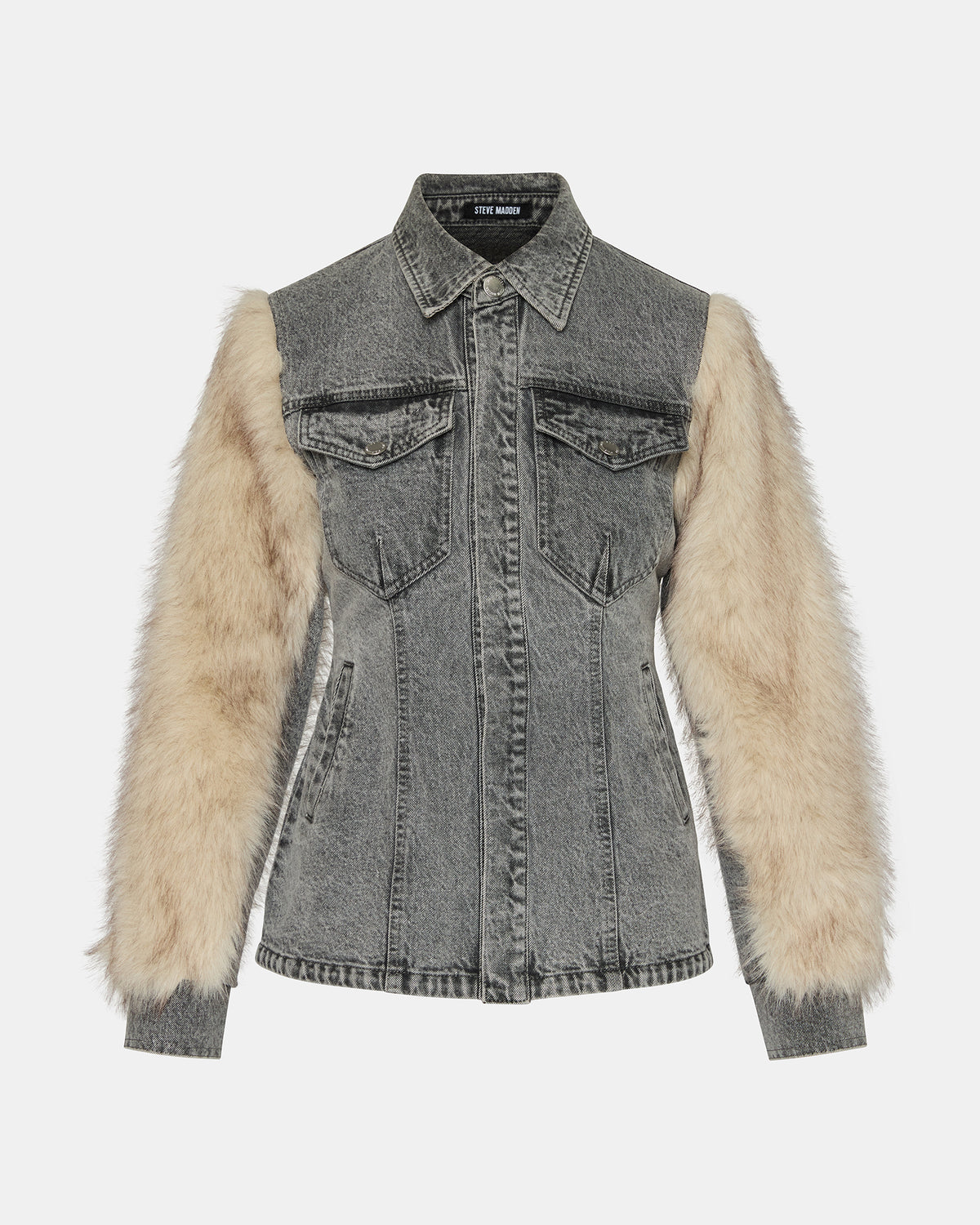 Steve Madden PARKER Fog Faux Fur Long-Sleeved Button-Up Denim Women's Jacket