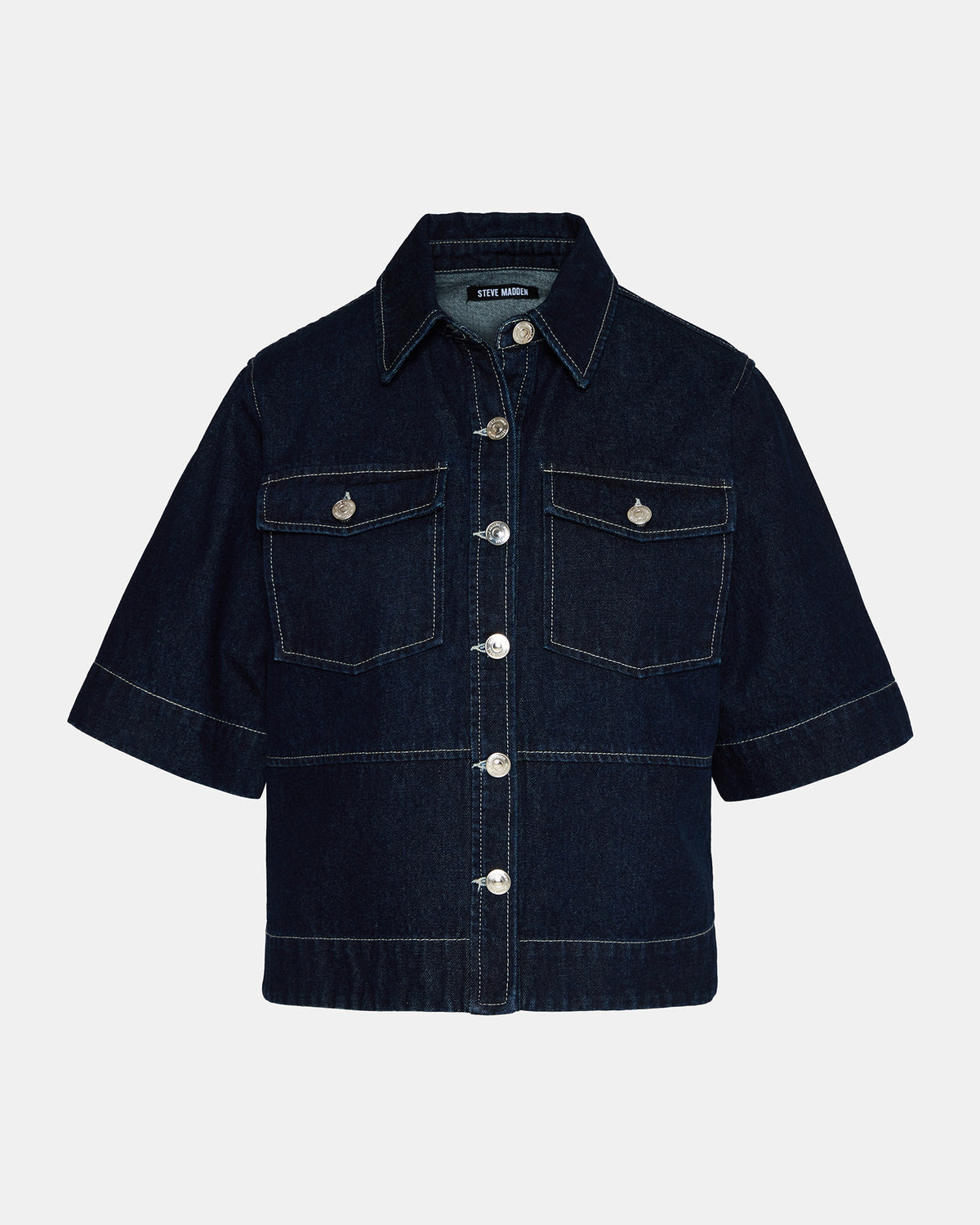 Steve Madden ELIANA Bijou Blue Short-Sleeved Button-Up Denim Women's Top