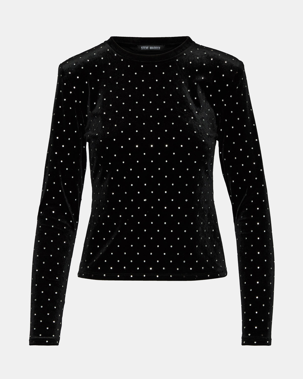 Steve Madden MADILYN Black Studded Velvet Long-Sleeved Rhinestone Embellished Women's Top