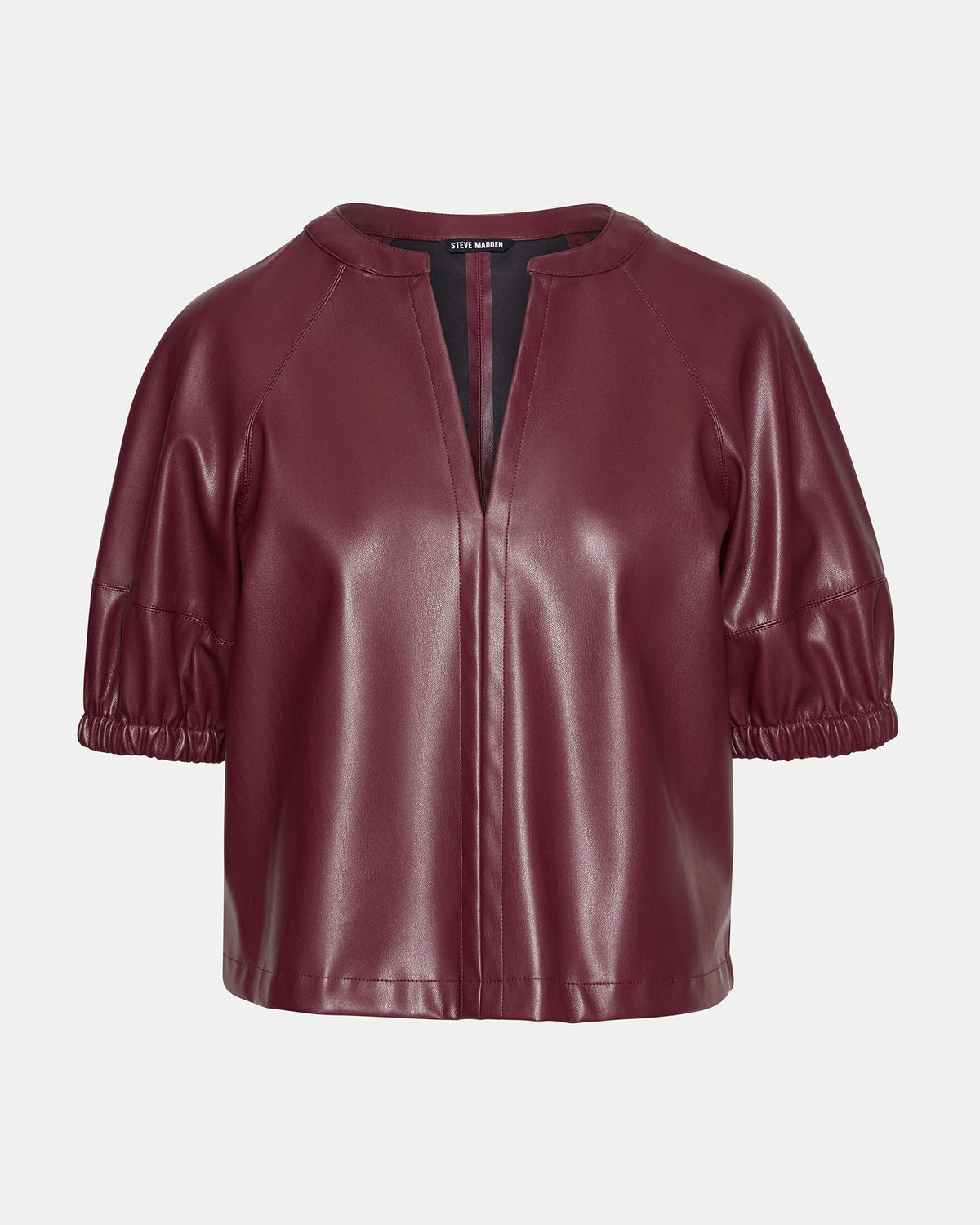 Steve Madden ROXANNE Wine Short-Sleeved Faux Leather Puff Sleeve Women's Top
