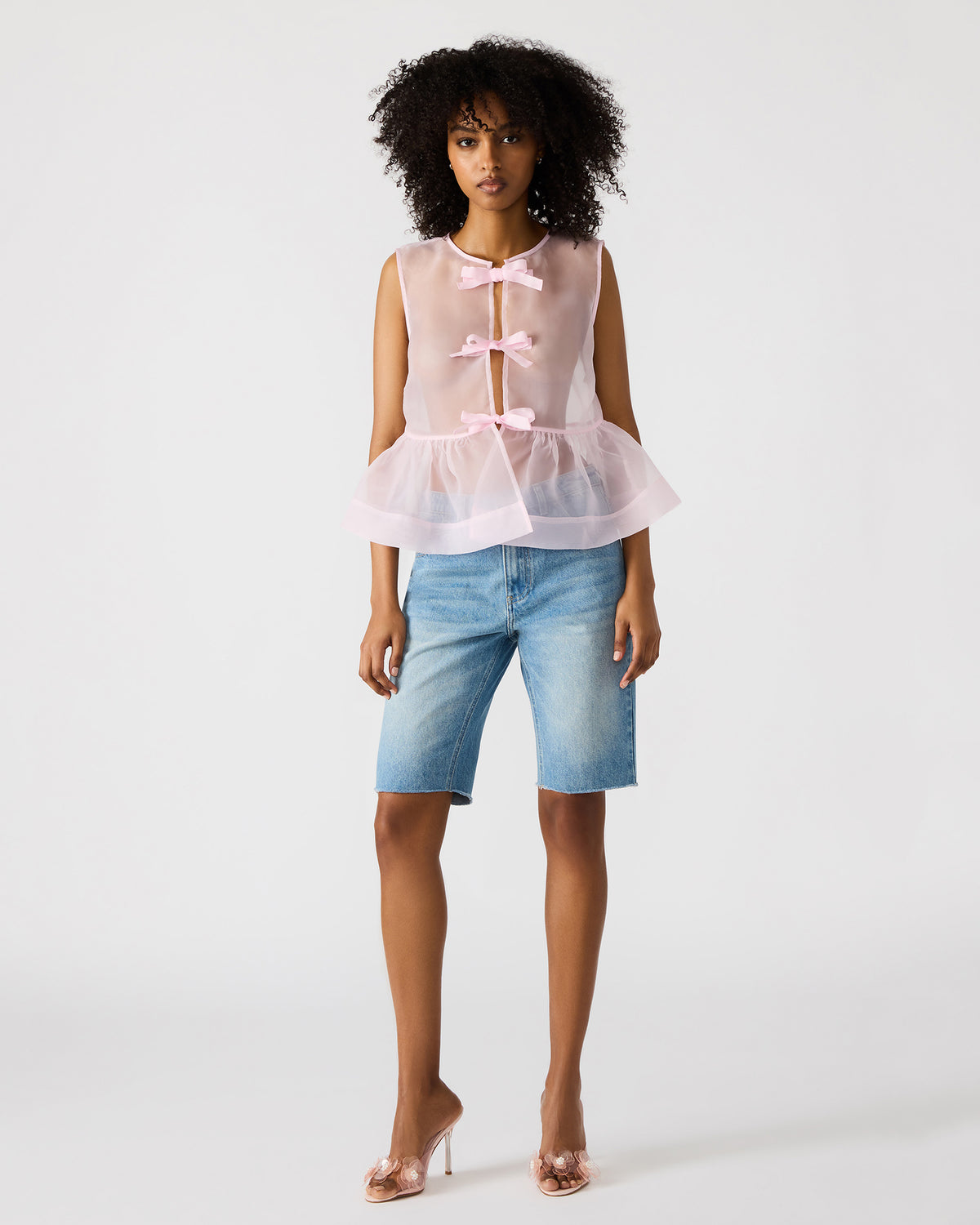 Steve Madden PAULINA Light Pink Sheer Mesh Bow Detail Tie-Front Women's Top