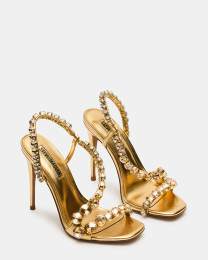 Steve Madden NYLIE Gold Multi Strappy Square-Toe Embellished Women's Heel