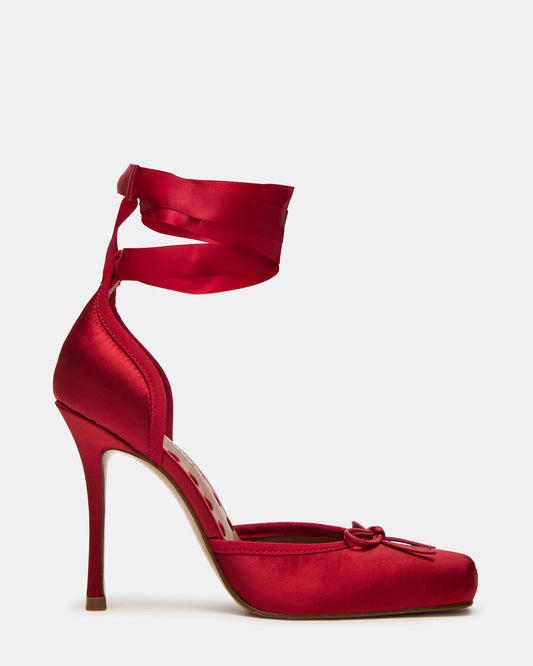Steve Madden LARINA Red Satin Square-Toe Stiletto Pump Lace-Up Women's Heel
