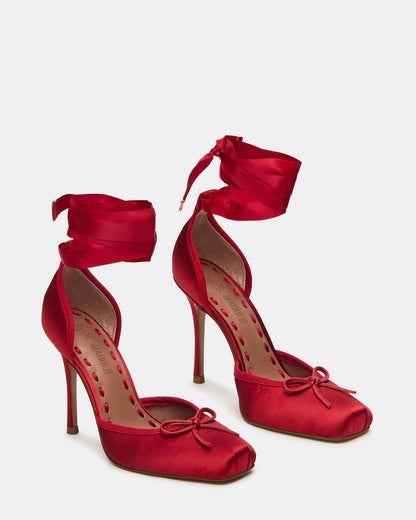 Steve Madden LARINA Red Satin Square-Toe Stiletto Pump Lace-Up Women's Heel