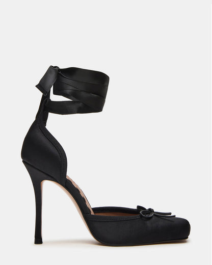 Steve Madden LARINA Black Satin Square-Toe Stiletto Pump Lace-Up Women's Heel