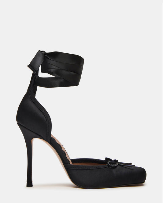 Steve Madden LARINA Black Satin Square-Toe Stiletto Pump Lace-Up Women's Heel