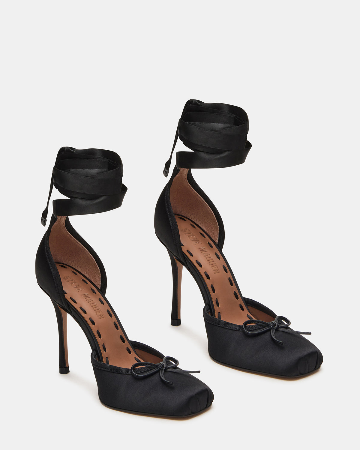 Steve Madden LARINA Black Satin Square-Toe Stiletto Pump Lace-Up Women's Heel