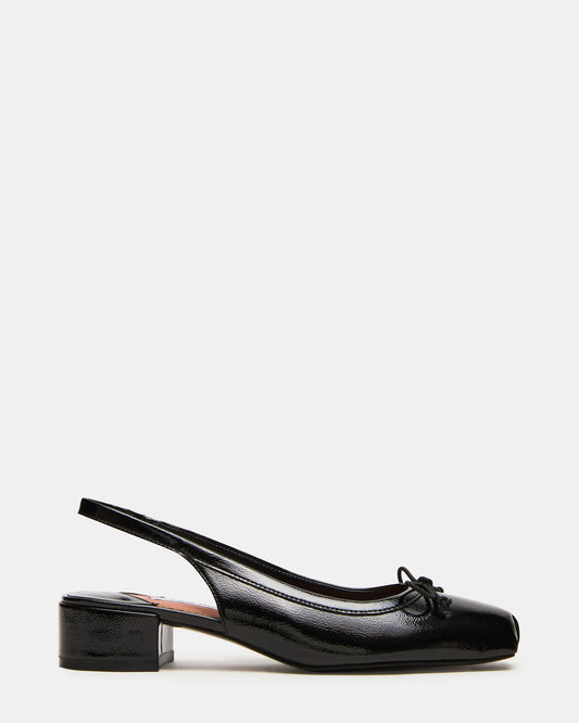 Steve Madden LOVED Black Crinkle Patent Square-Toe Slingback Ballet Women's Heel