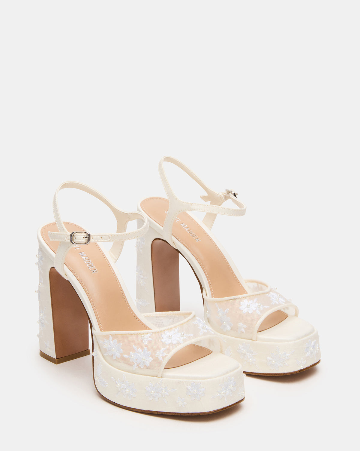 Steve Madden LIANDRA Embellished White Mesh Platform Square-Toe Strappy Women's Heel