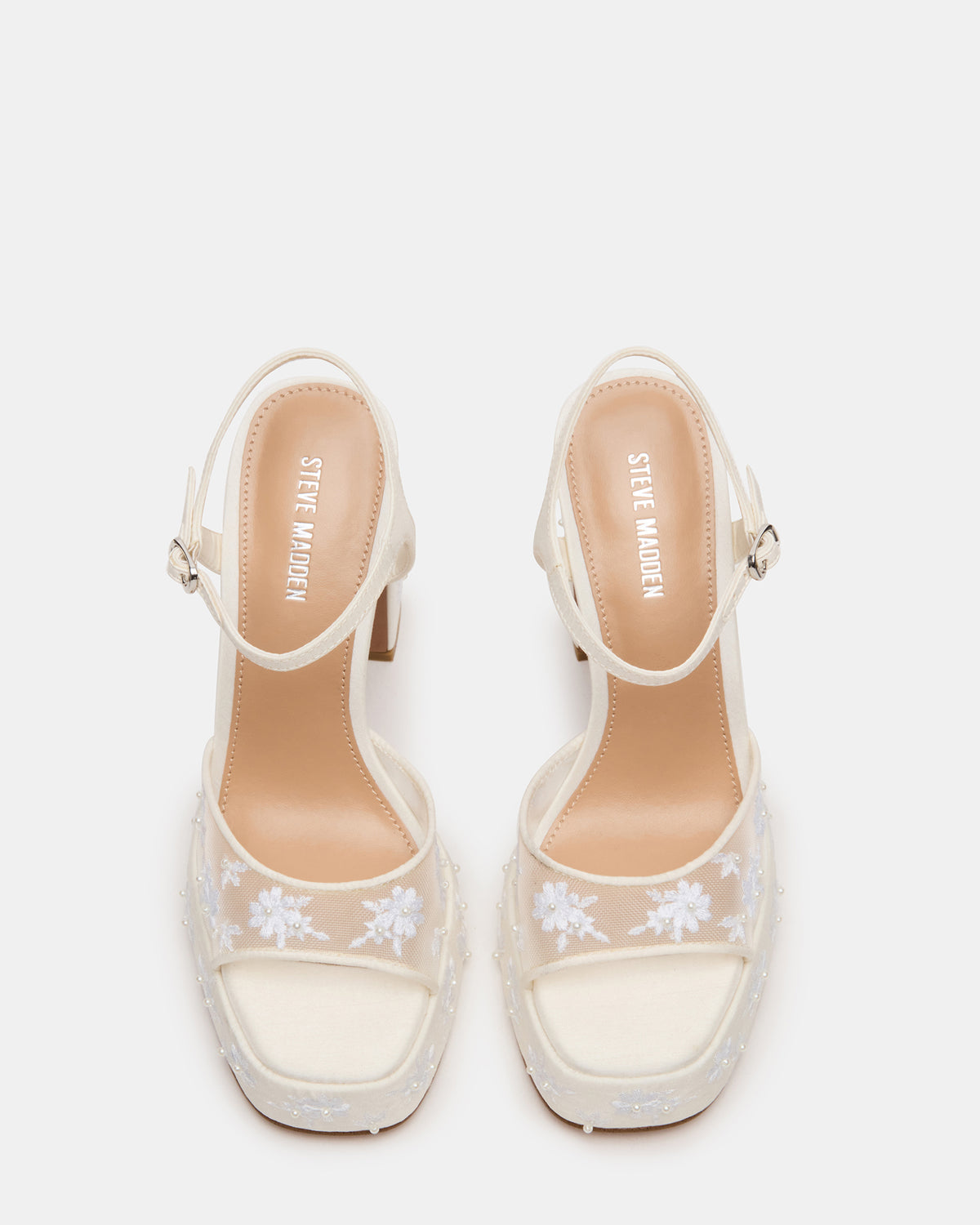 Steve Madden LIANDRA Embellished White Mesh Platform Square-Toe Strappy Women's Heel