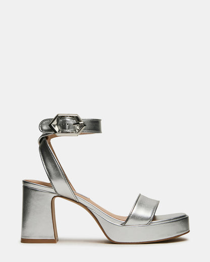 Steve Madden ELIDA Silver Leather Ankle Strap Platform Women's Block Heel