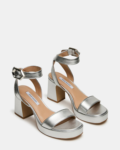 Steve Madden ELIDA Silver Leather Ankle Strap Platform Women's Block Heel