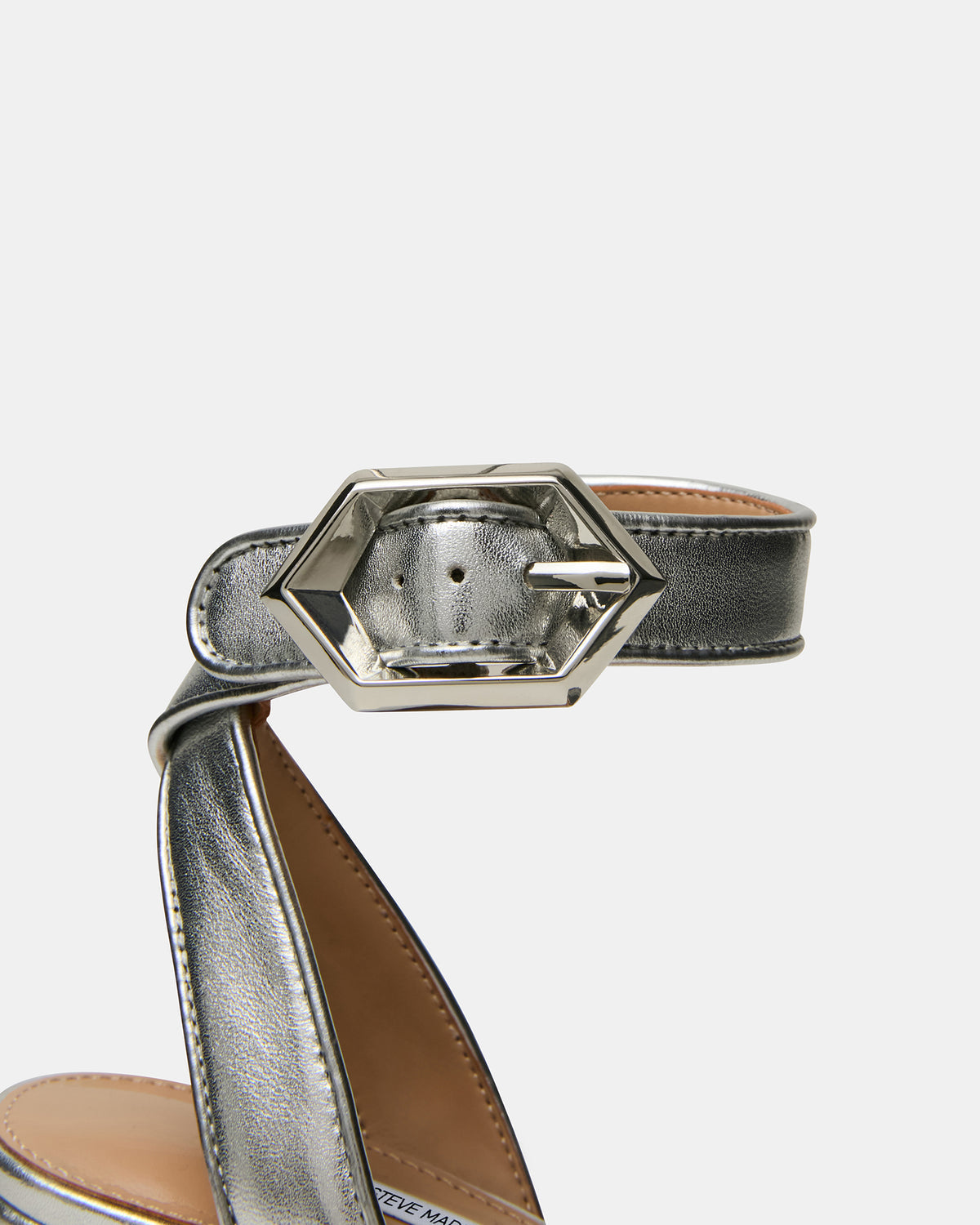 Steve Madden ELIDA Silver Leather Ankle Strap Platform Women's Block Heel