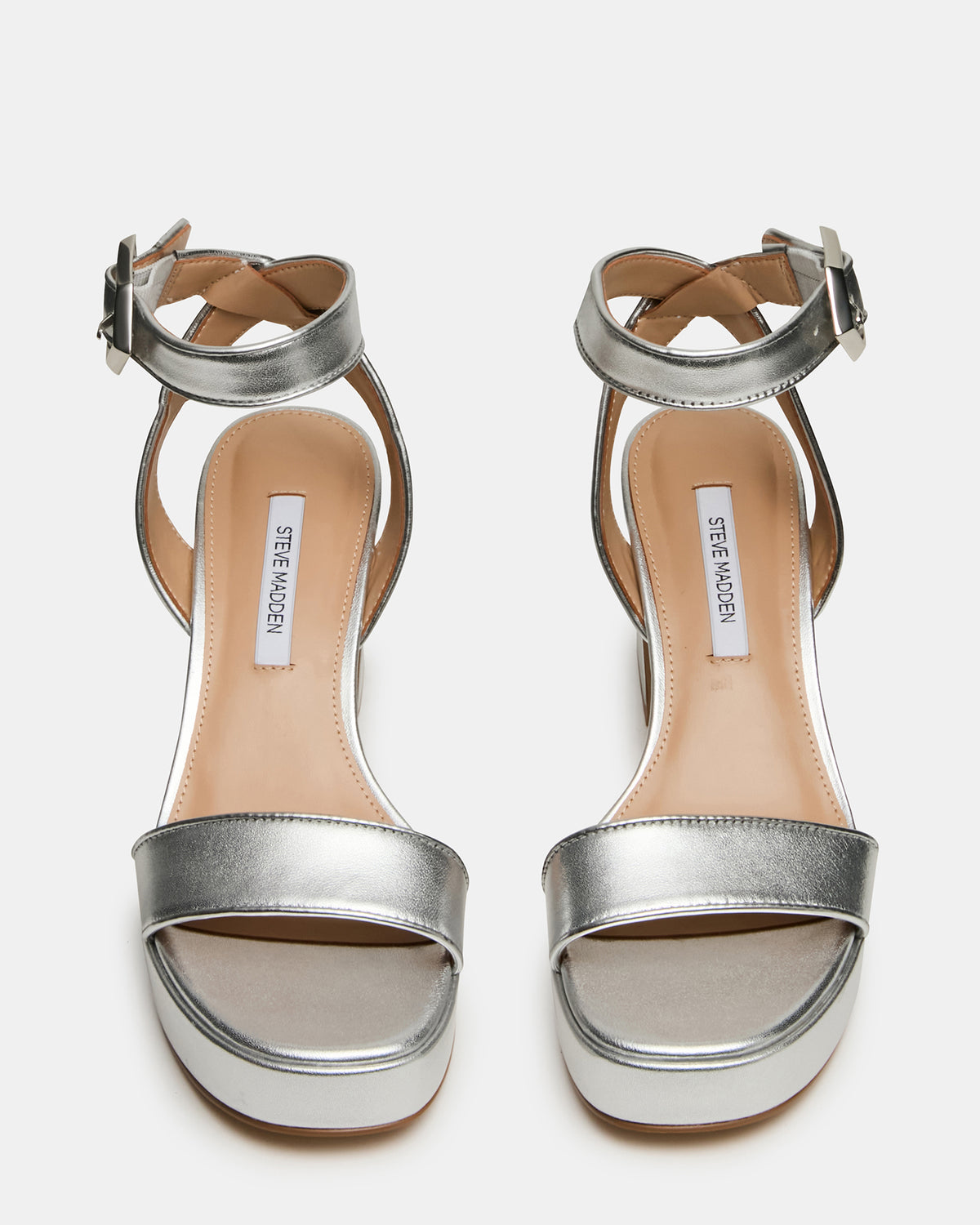 Steve Madden ELIDA Silver Leather Ankle Strap Platform Women's Block Heel