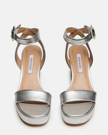Steve Madden ELIDA Silver Leather Ankle Strap Platform Women's Block Heel