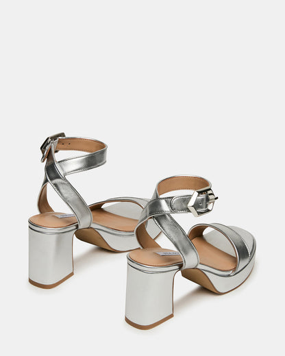 Steve Madden ELIDA Silver Leather Ankle Strap Platform Women's Block Heel