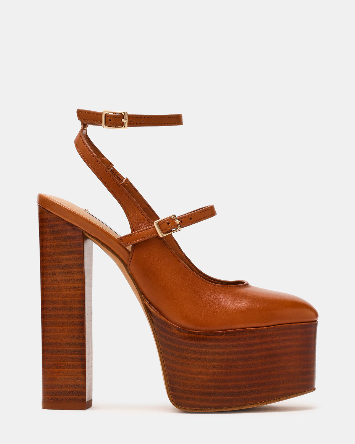 Steve Madden SCOTLYN Stacked Tan Leather Mary-Mary Platform Women's Block Heel