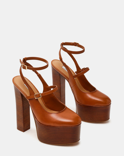 Steve Madden SCOTLYN Stacked Tan Leather Mary-Mary Platform Women's Block Heel