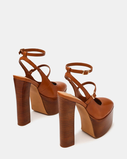 Steve Madden SCOTLYN Stacked Tan Leather Mary-Mary Platform Women's Block Heel