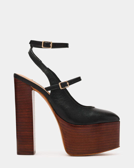 Steve Madden SCOTLYN Stacked Black Leather Mary-Mary Platform Women's Block Heel