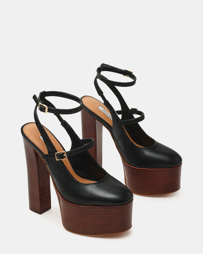 Steve Madden SCOTLYN Stacked Black Leather Mary-Mary Platform Women's Block Heel