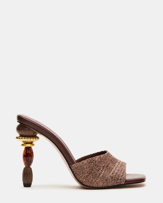 Steve Madden SIA Brown Square-Toe Mule Sculptured Beaded Women's Heel