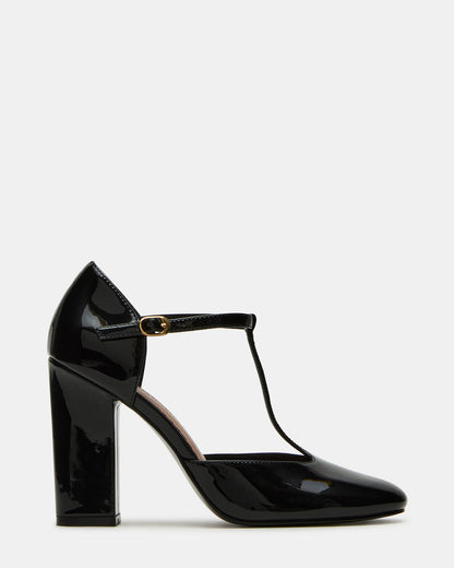 Steve Madden MALCOLM Black Patent T-Strap Block Heel Women's Heel