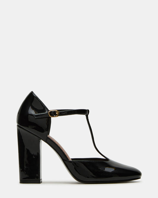 Steve Madden MALCOLM Black Patent T-Strap Block Heel Women's Heel