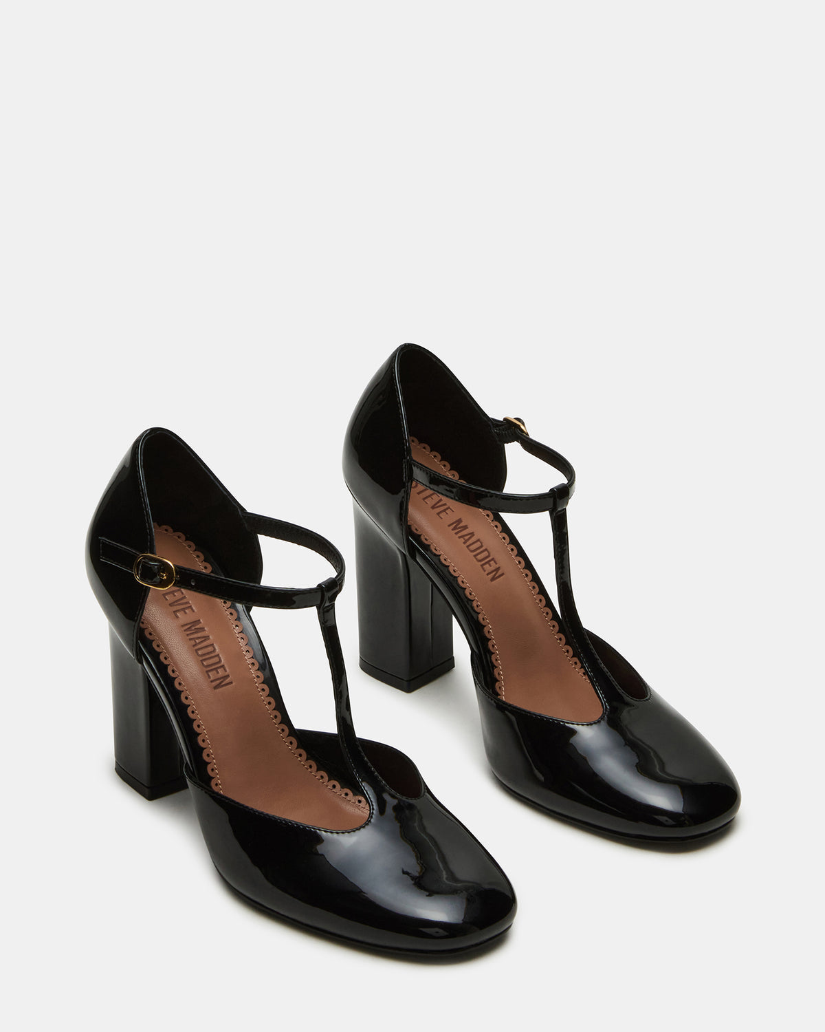 Steve Madden MALCOLM Black Patent T-Strap Block Heel Women's Heel