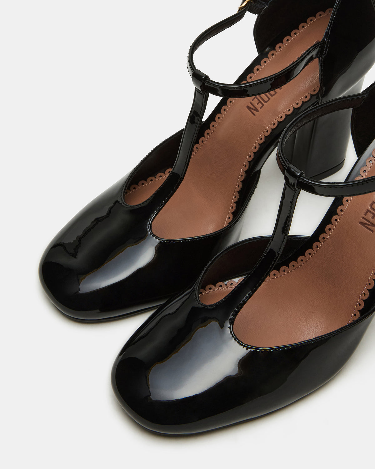 Steve Madden MALCOLM Black Patent T-Strap Block Heel Women's Heel