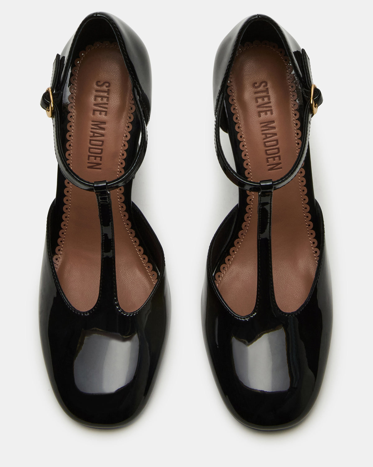 Steve Madden MALCOLM Black Patent T-Strap Block Heel Women's Heel