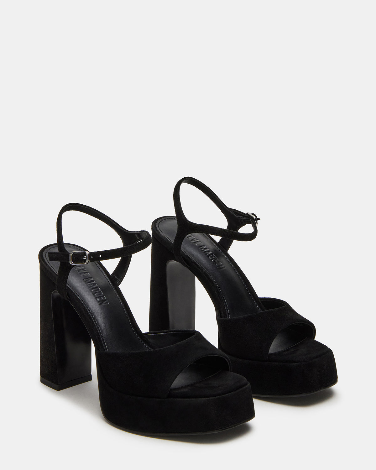 Steve Madden LINADRA Black Suede Women's Platform Square-Toe Strappy Heel