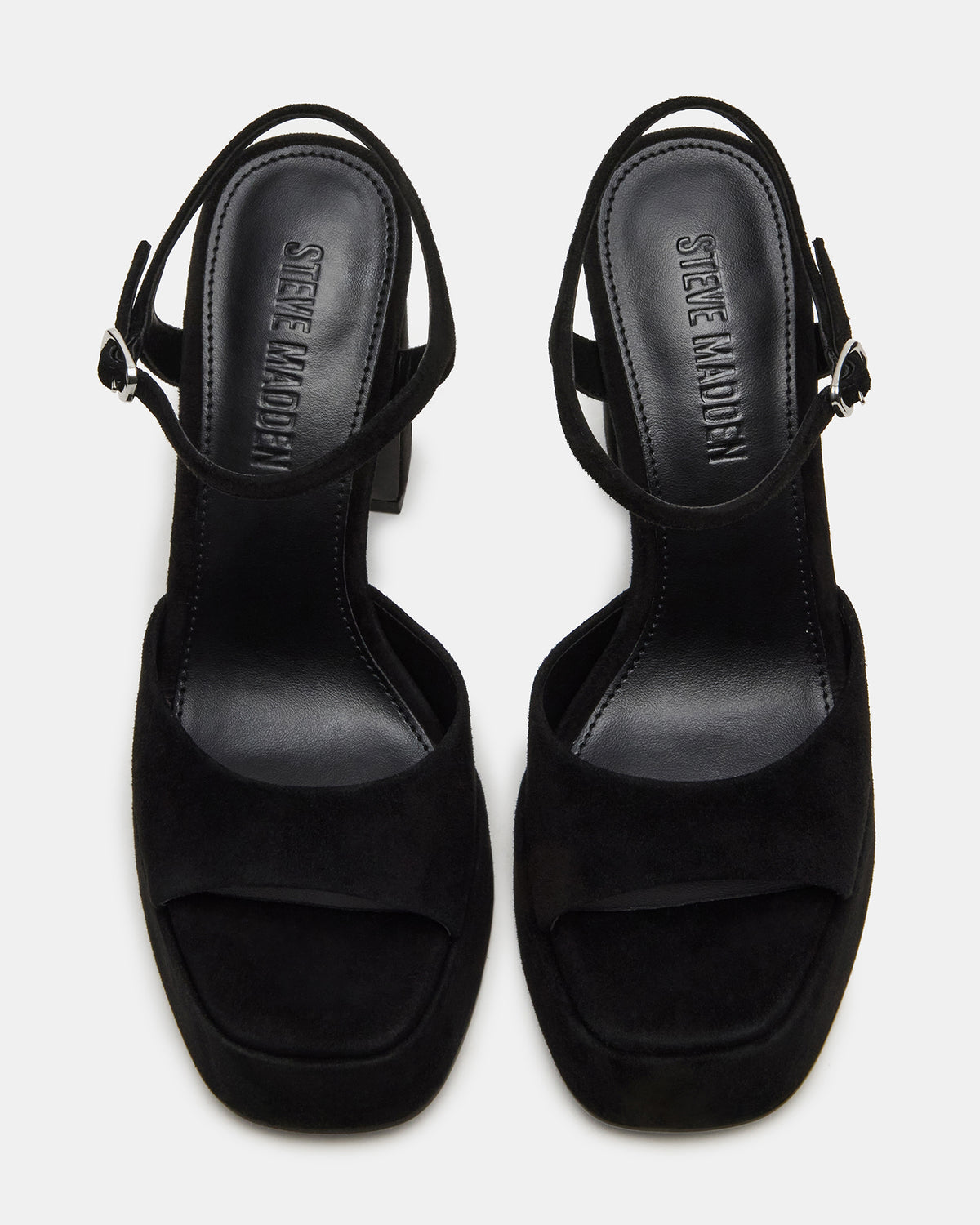Steve Madden LINADRA Black Suede Women's Platform Square-Toe Strappy Heel