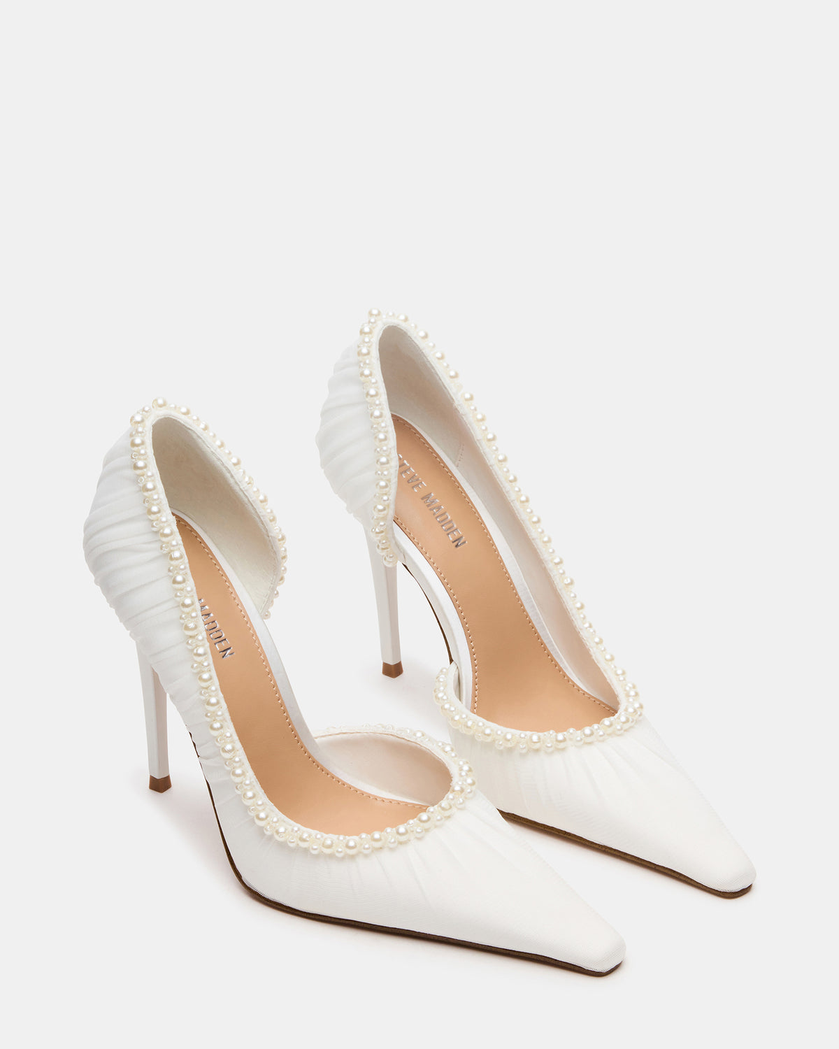 Steve Madden ELEGANT Pearl Ivory Mesh Ruched Pointed-Toe Stiletto Pump Women's Heel