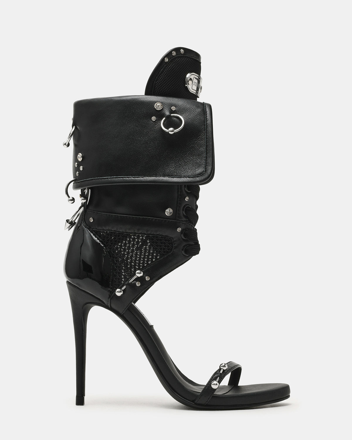 Steve Madden CASELLA Piercing Black Open-Toe Stiletto Lace-Up Women's Heel