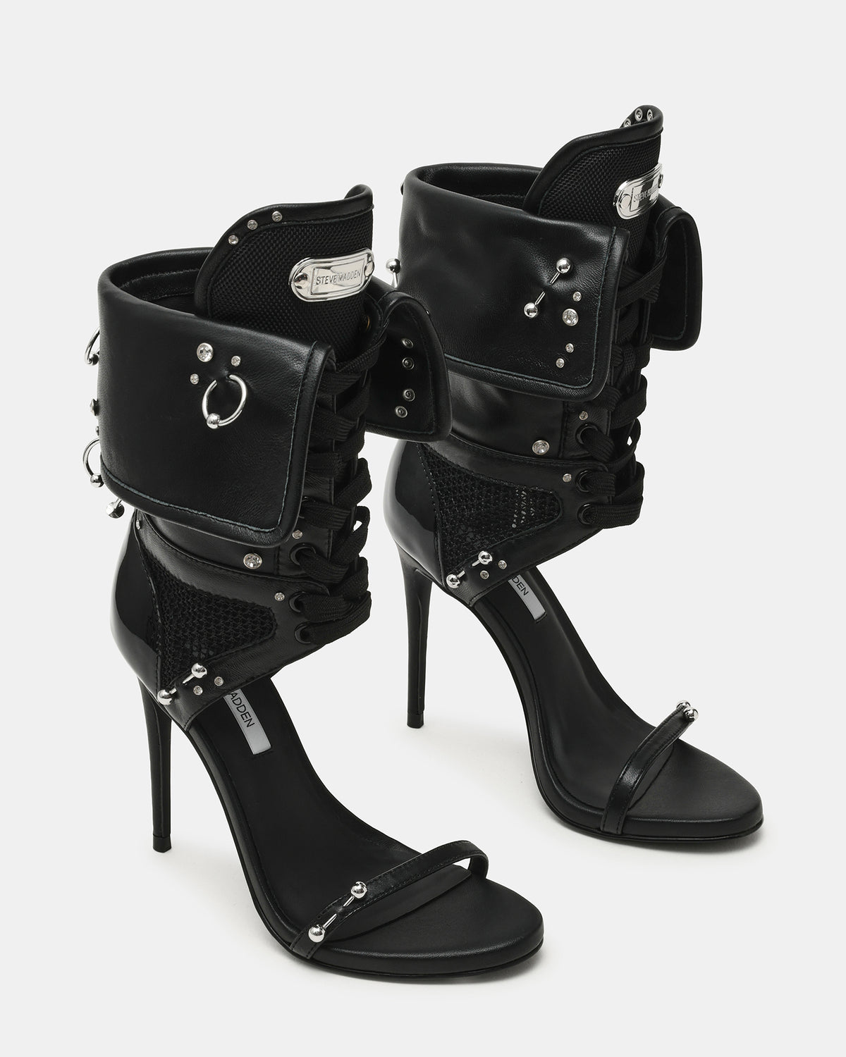 Steve Madden CASELLA Piercing Black Open-Toe Stiletto Lace-Up Women's Heel