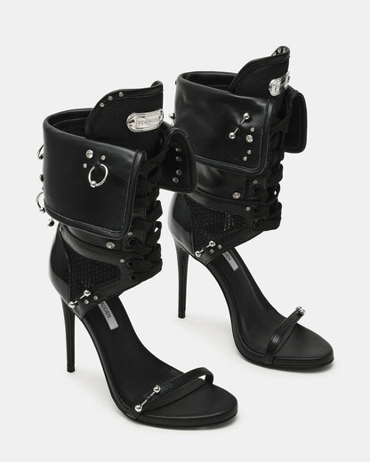 Steve Madden CASELLA Piercing Black Open-Toe Stiletto Lace-Up Women's Heel