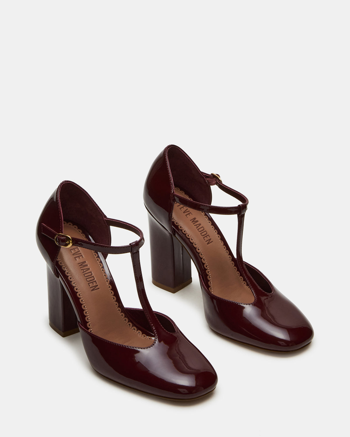 Steve Madden MALCOLM Burgundy Patent T-Strap Block Heel Women's Heel