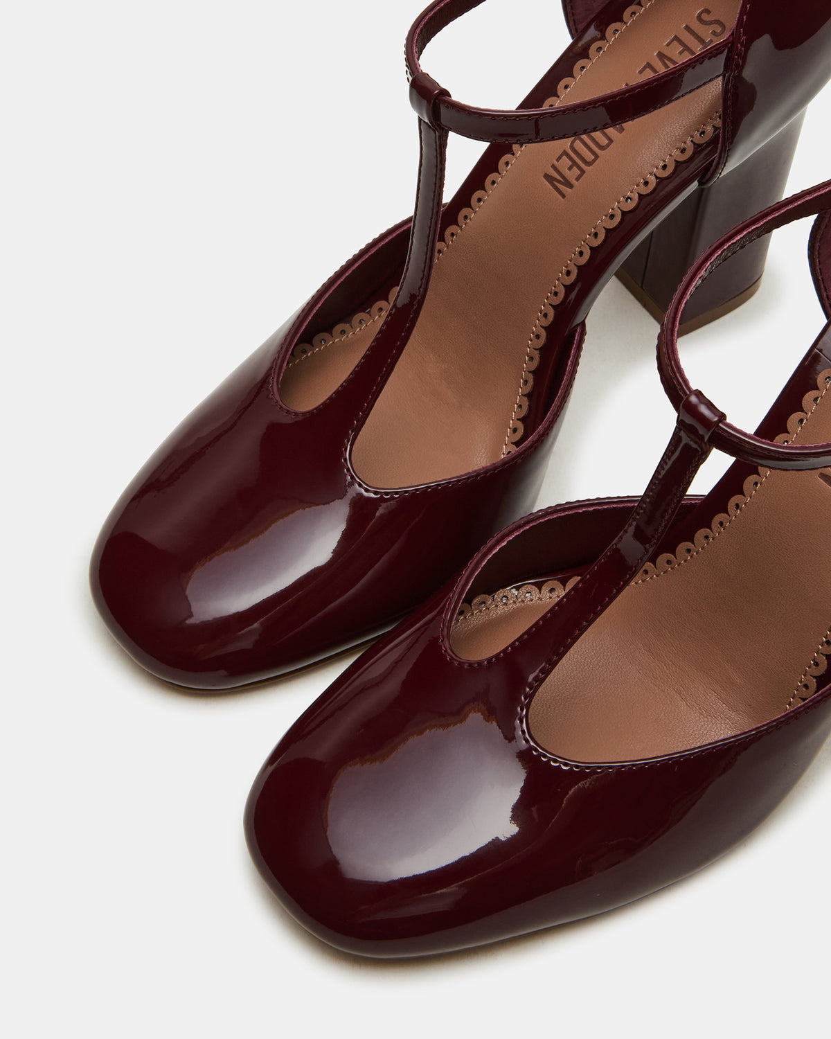 Steve Madden MALCOLM Burgundy Patent T-Strap Block Heel Women's Heel